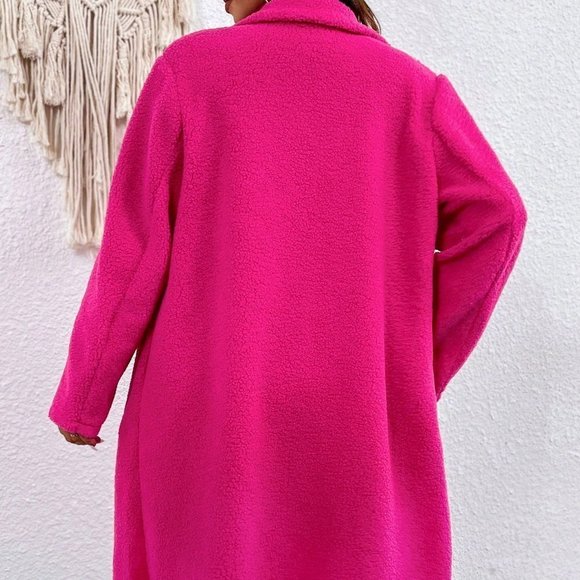 Pink Preppy Womens Lapel Neck Open Front Teddy Lined Coat - Picture 2 of 5